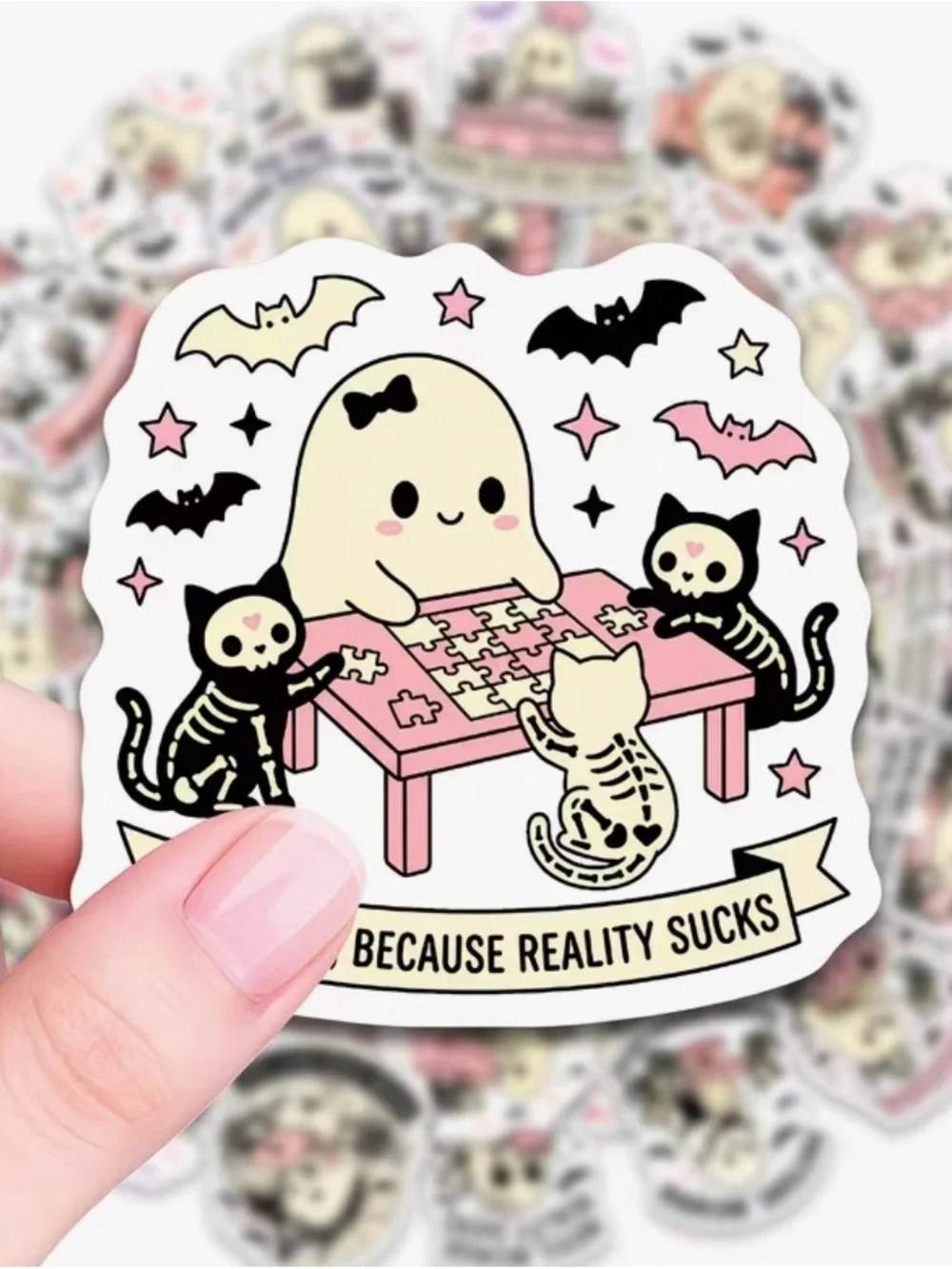 50 Cute Ghost & Her 3 Pet Cats Stickers Busy Kitty Because Reality Sucks' Pink